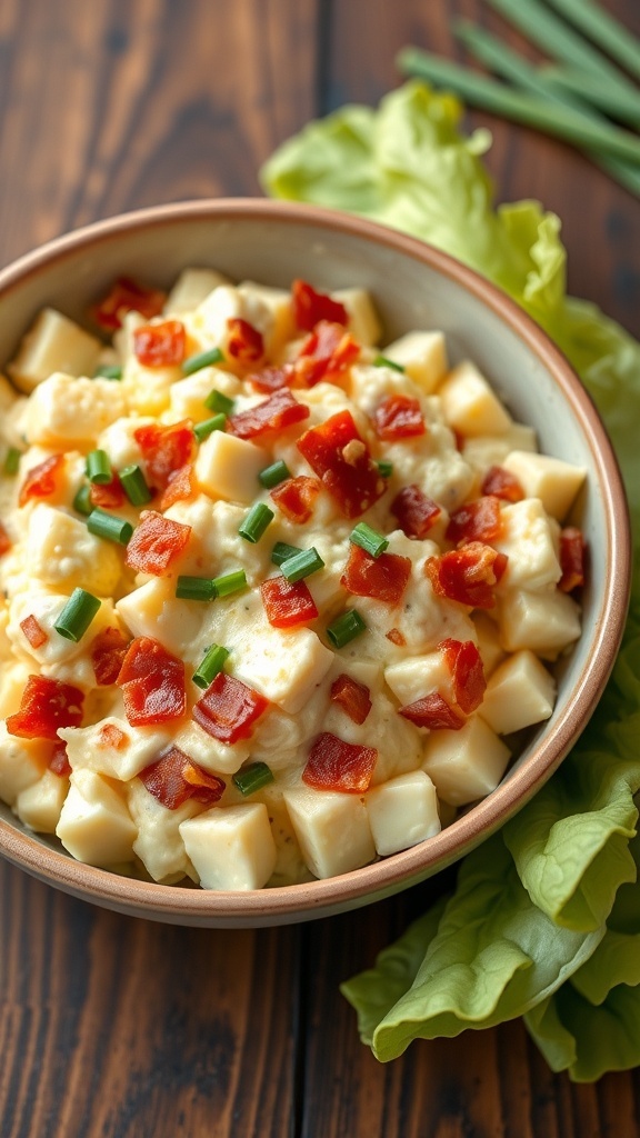 Carnivore Egg Salad Recipe A bowl of egg salad with bacon and chives on a wooden table, served with lettuce leaves.